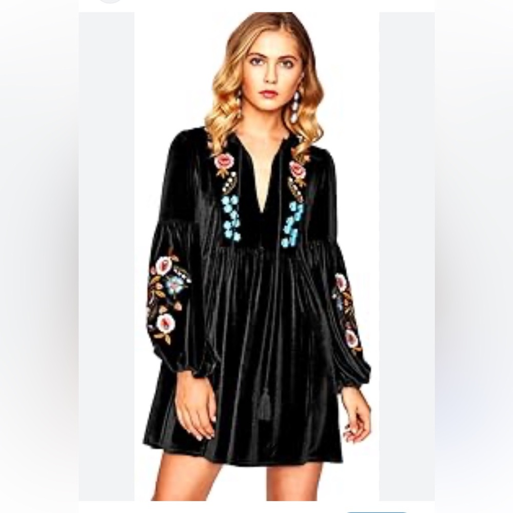 ASA Boho Black Velvet Floral Embroidered Babydoll Mini Dress L Free People Style